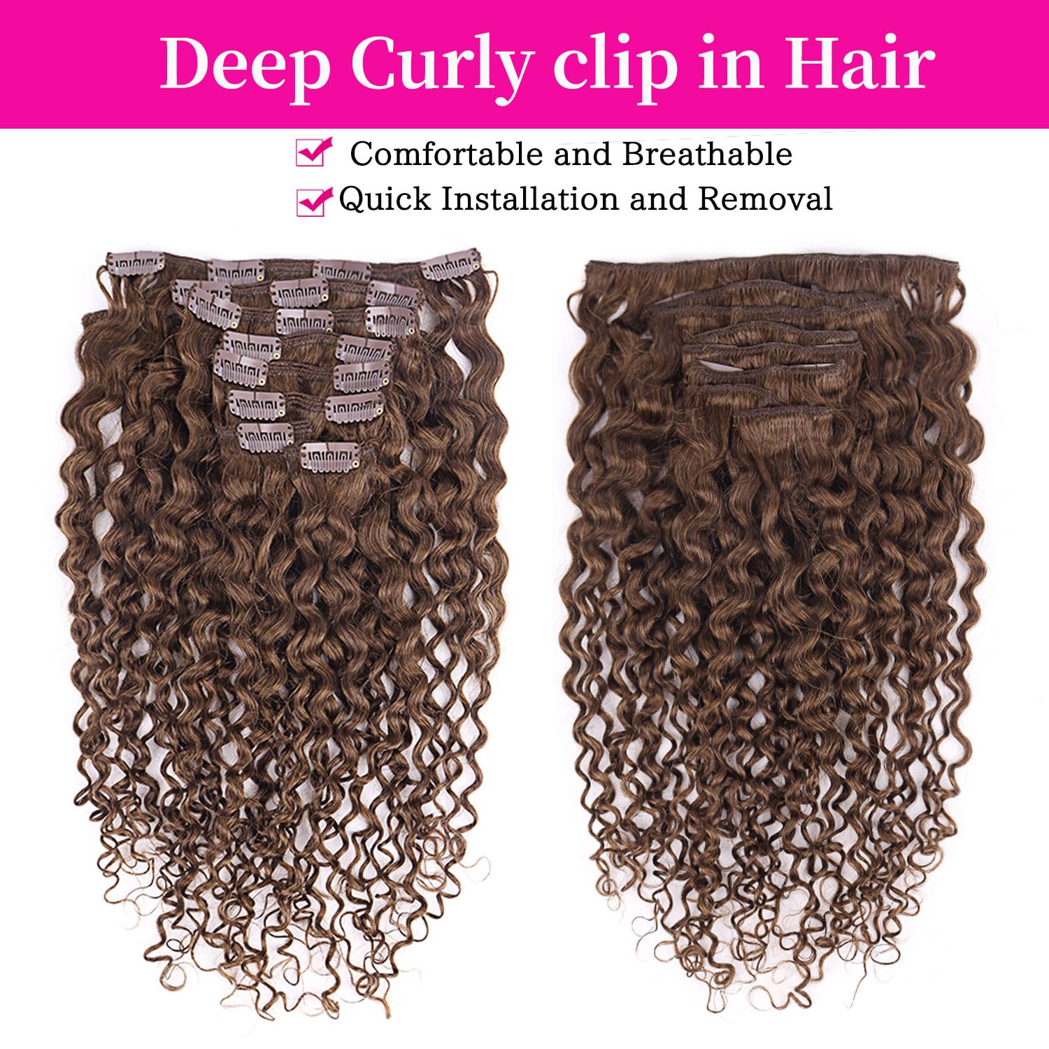 Wepwcod Curly Clip in Hair Extensions Real Human Hair 8Pcs With 18 Clips Clip in Hair Extensions for Women Curly Clip ins Soft & Natural 120g (Brown-JC - Image 2