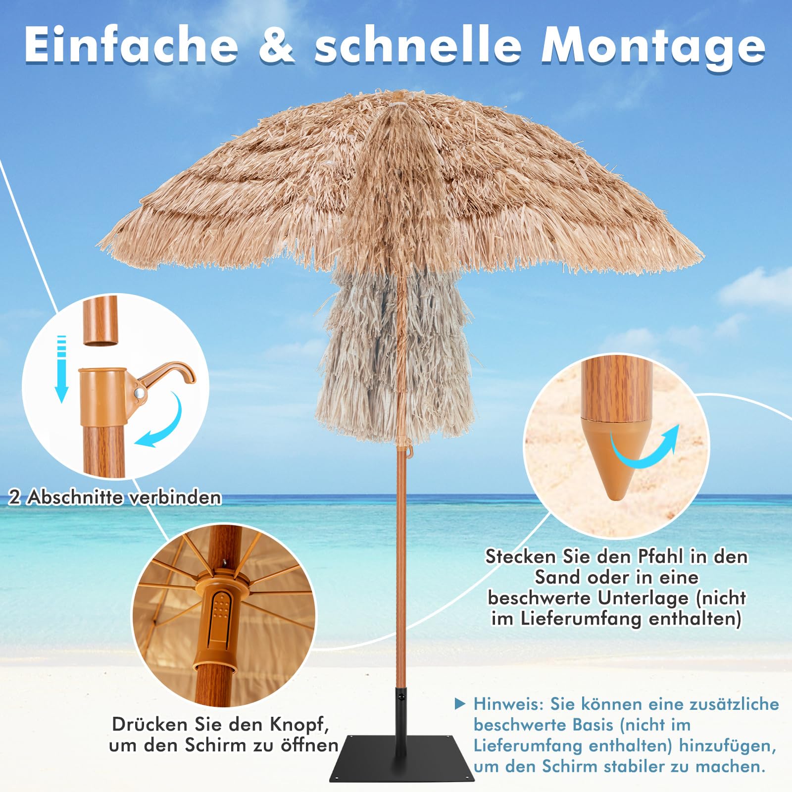 COSTWAY Hawajski parasol przeciwsłoneczny, 208 cm, słomkowy, UPF 50+, możliwość zginania w zakresie 30°, parasol ogrodowy, parasol na taras, na plażę, do ogrodu, na balkon