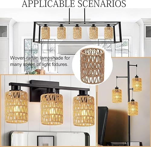 Miniatura 7 de Pantalla de lámpara de ratán, 4 unidades de repuesto de pantalla de mimbre pequeña retro, cubierta de lámpara colgante tejida bohemia para