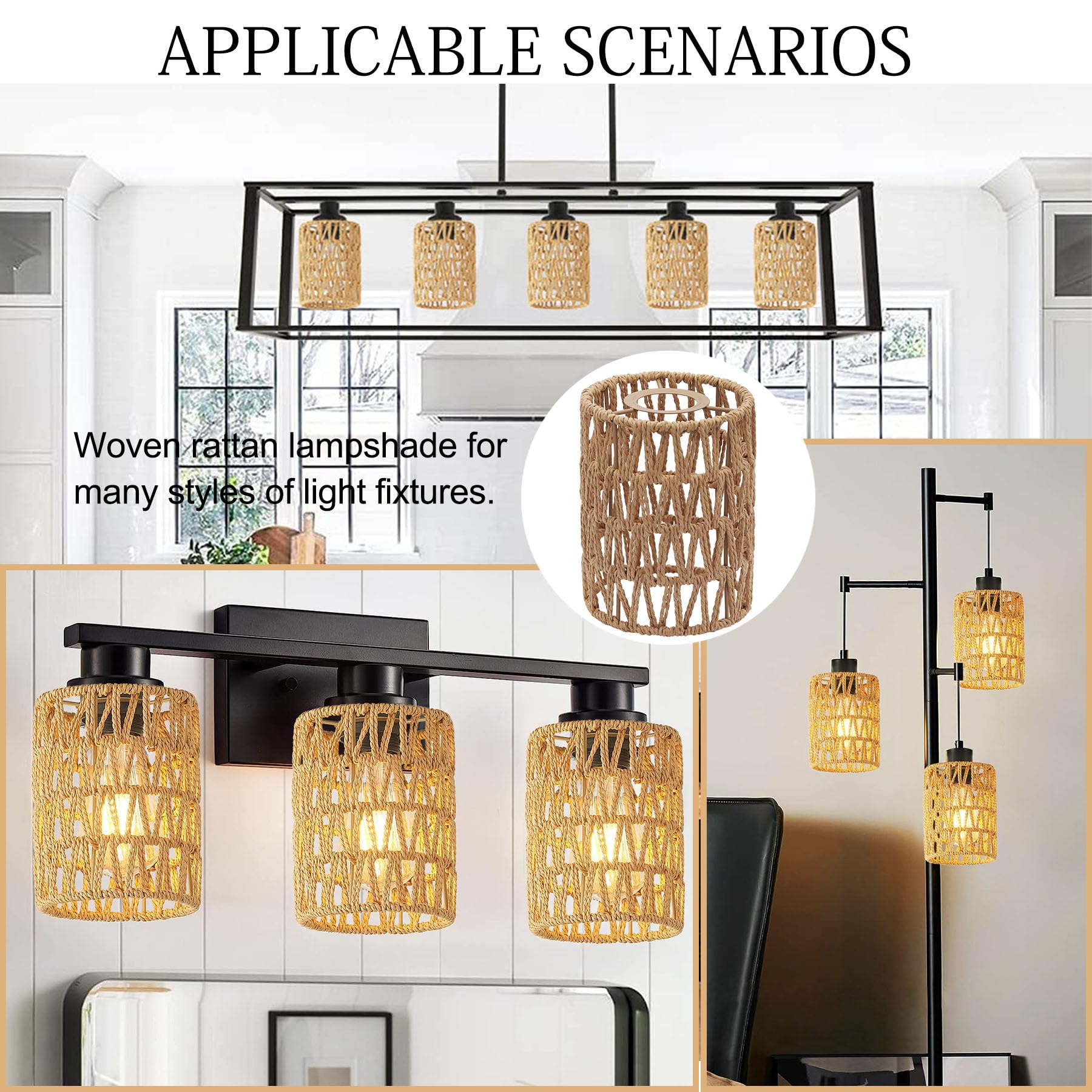 Fitter Farmhouse - Lámpara colgante de 1.63 pulgadas para candelabro, 1 paquete de pantallas de lámpara de ratán bohemio de 6.3 pulgadas de alto x 4.9 pulgadas de profundidad, repuesto para 5