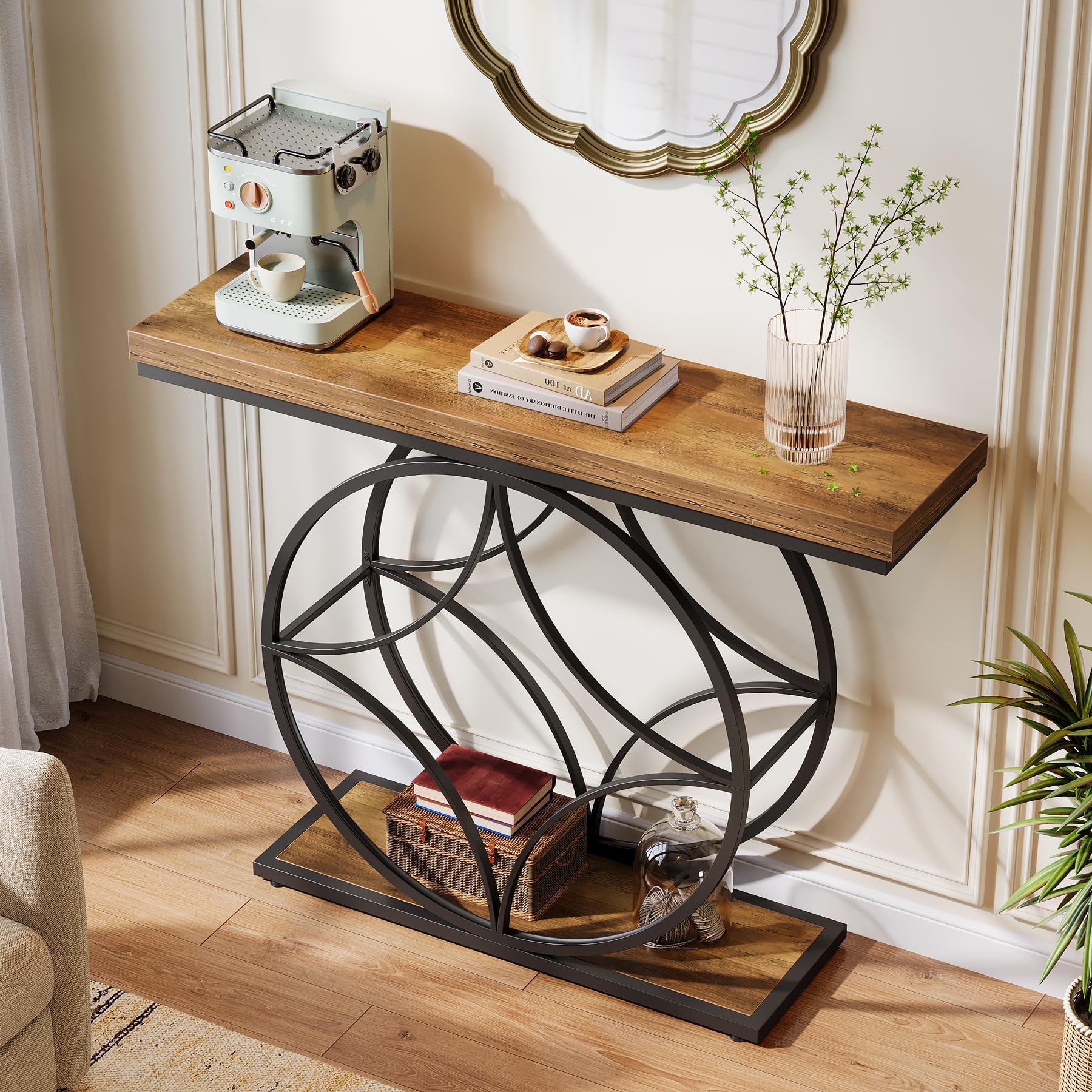 Tribesigns 120 cm Konsolentisch, industrieller 2-stufiger Sofatisch mit geometrischem Metallrahmen, Akzent-Eingangstische mit Ablage für Wohnzimmer, hinter der Couch, kleine Räume, rustikales Braun