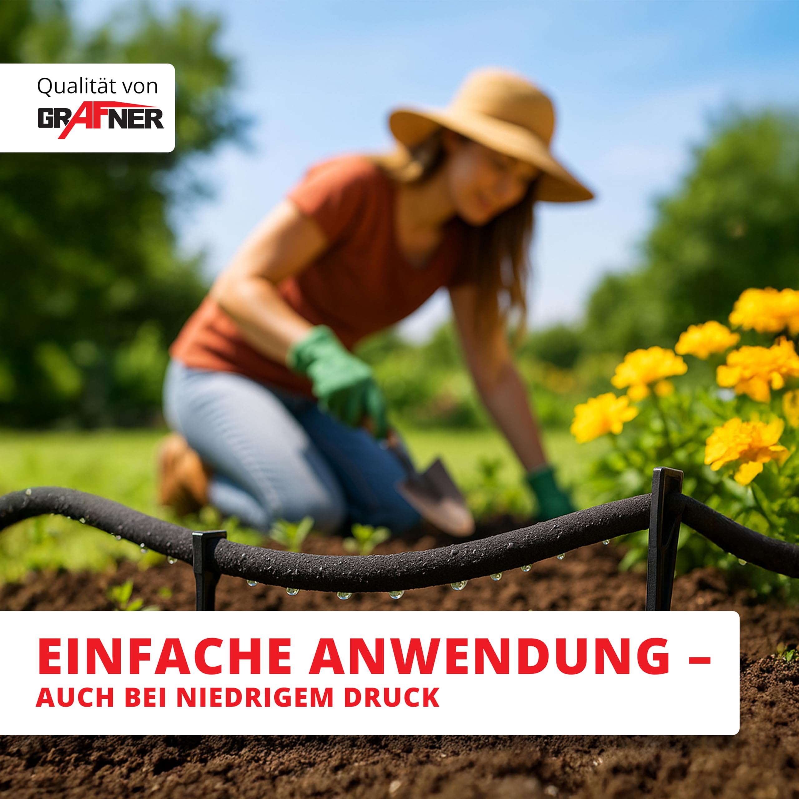 Grafner 50 Meter Perlschlauch Starter-Set, 38 teilig mit Erdanker, Eckverbinder, T-Verbinder, Endstopfen und Klickanschlüssen, wassersparend Bewässerungsschlauch Tropfschlauch