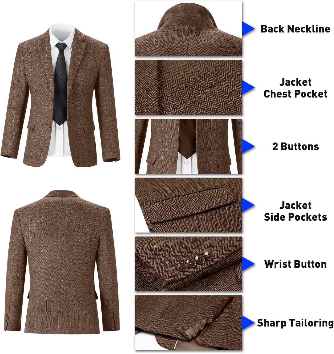 Retro Tweed Herringbone Suit for Men Slim Fit 3 Pieces Mens Suit Groom Dress Tuxedos Prom Suit Jacket Vest Pants