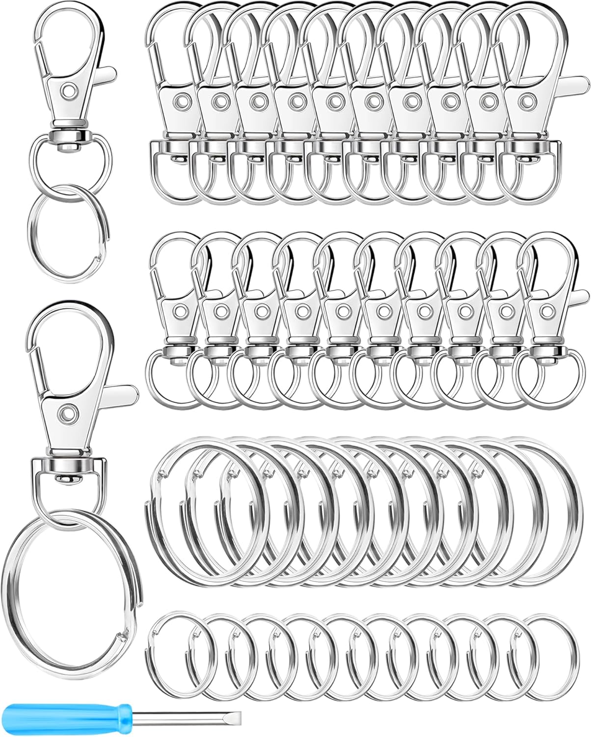 FIVEIZERO 60PCS Silver Swivel Snap Hooks and Key Rings Kit, 30PCS Keychain Clip Hooks, Lobster Clasps, 30PCS Key Chain Rings, KeyRings for Crafts, Jewelry Making and DIY