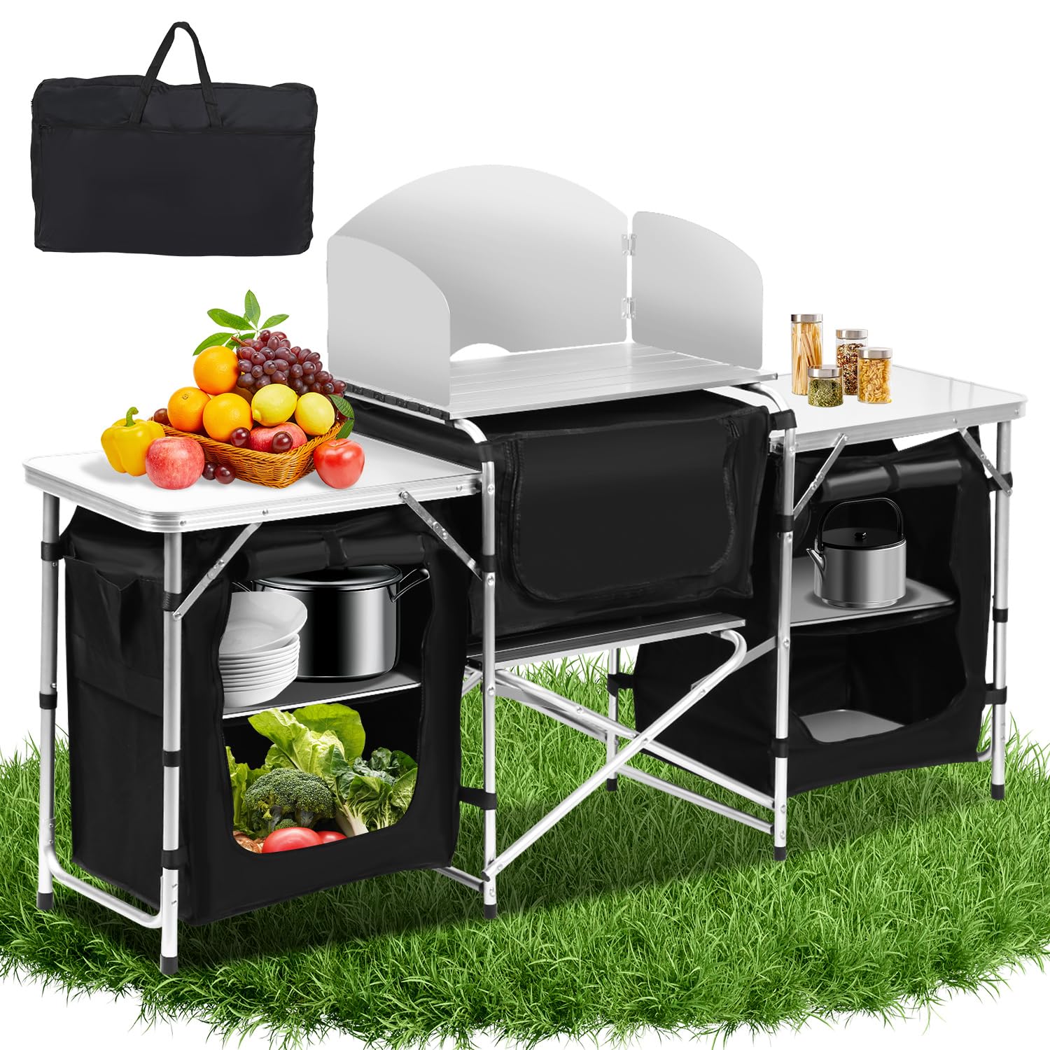 Składana szafka kempingowa z aluminiową ramą i ochroną przed pryskaniem, 5 schowków, szafka namiotowa, pudełko kuchenne, na kemping, do kuchni, torba do przenoszenia, kuchnia podróżna na