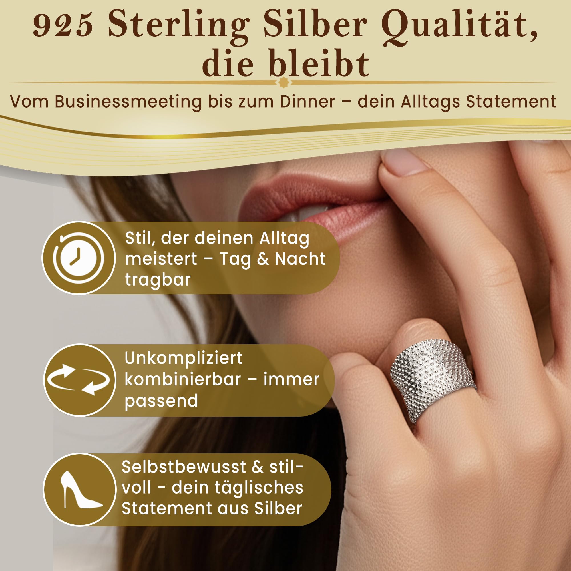 Cassini Ring mit Pünktchen Struktur aus 925er Sterling Silber, breit massiv, innen poliert, Damen Ring 3RAA