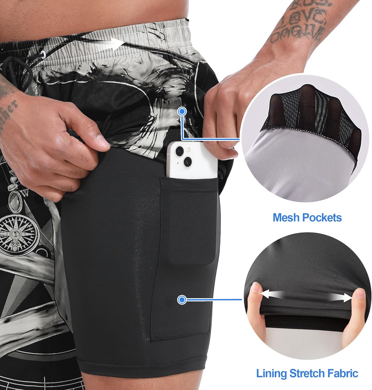 FT FENTENG Mens Swim Trunks with Compression Liner 9" Board Shorts 2 in 1 Quick Dry Beach Swimwear Bathing Suits for Men - Image 4