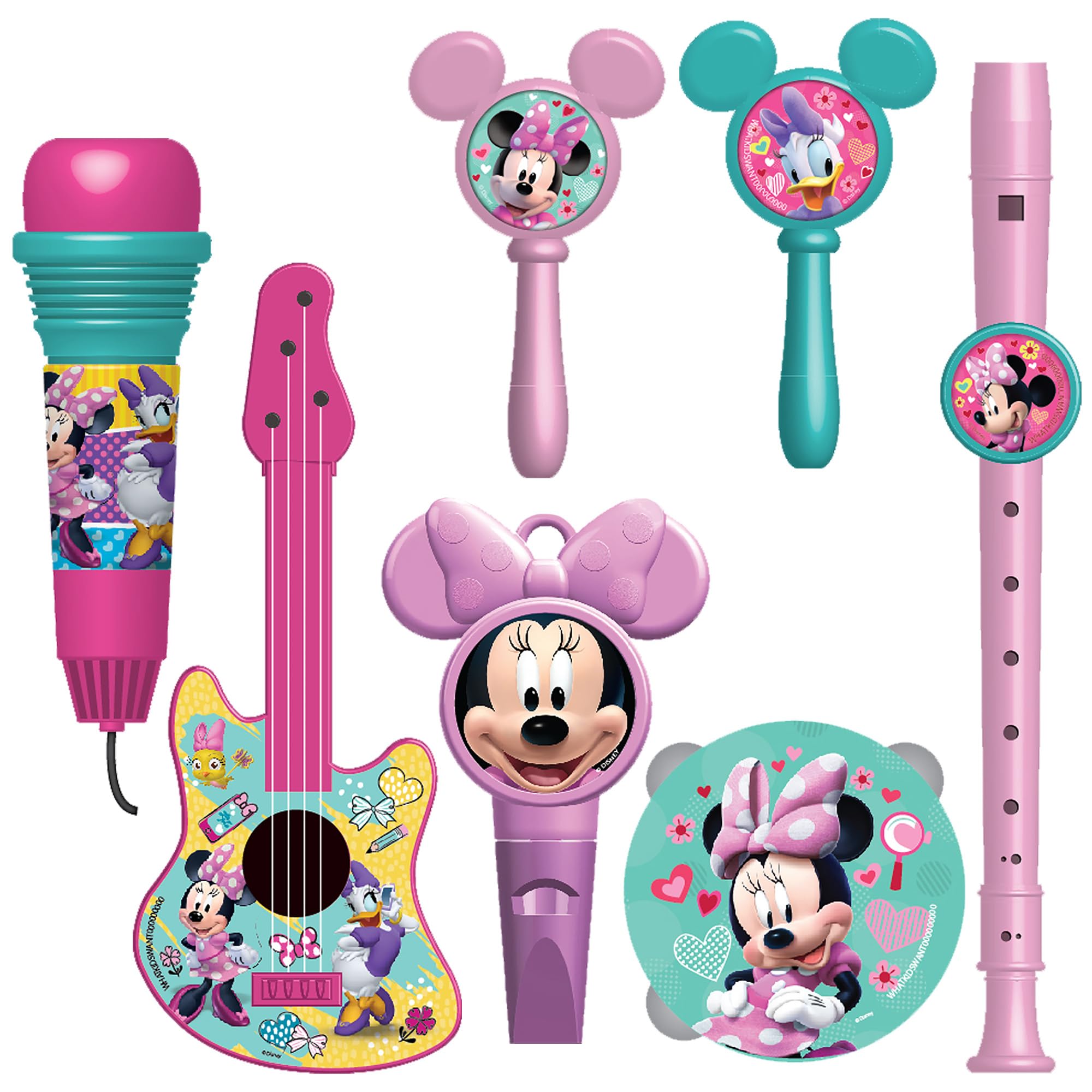 Disney Junior Minnie Mouse - Set musicale extra large, 7 pezzi, include maracas, flauto, tamburello, fischietto, chitarra e microfono eco