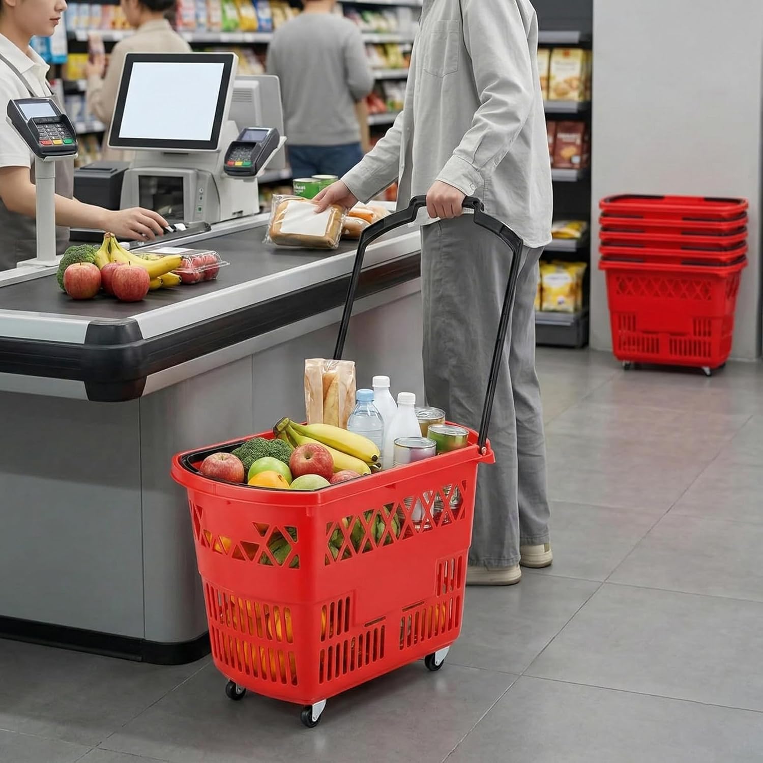 6-Pack Rolling Shopping Baskets with Wheels, 39L Large Plastic Grocery Baskets with Dual Handles, Portable Retail Store Baskets for Supermarket, Convenience Store and Pharmacy, Red
