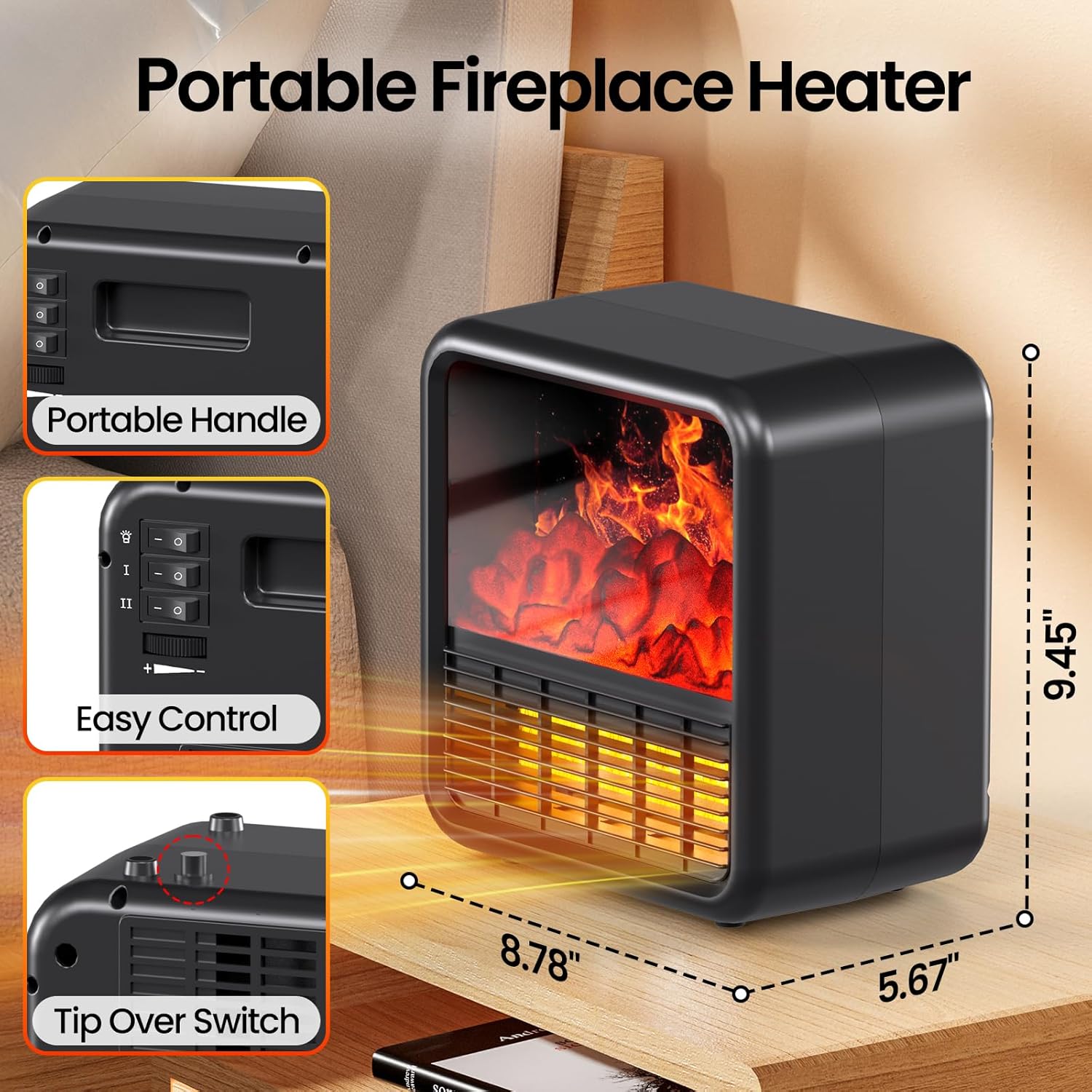 Small Fireplace heater for Indoor use with Realistic 3D Flame, Space Heater with Thermostat, 1500W/750W PTC Ceramic Heating, Tip-Over Safety Switch, Black
