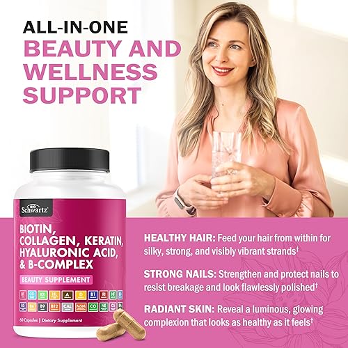 Miniatura 2 de BioSchwartz Suplemento de queratina de colágeno y biotina, vitaminas para el cabello para mujeres, 10000 mcg de biotina con ácido hialurónico y