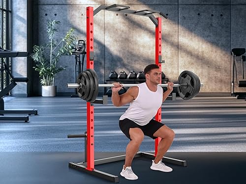 Miniatura 6 de OPPSDECOR Estante para sentadillas, jaula de potencia multifunción con banco de peso ajustable, estante para sentadillas con barra de dominadas,