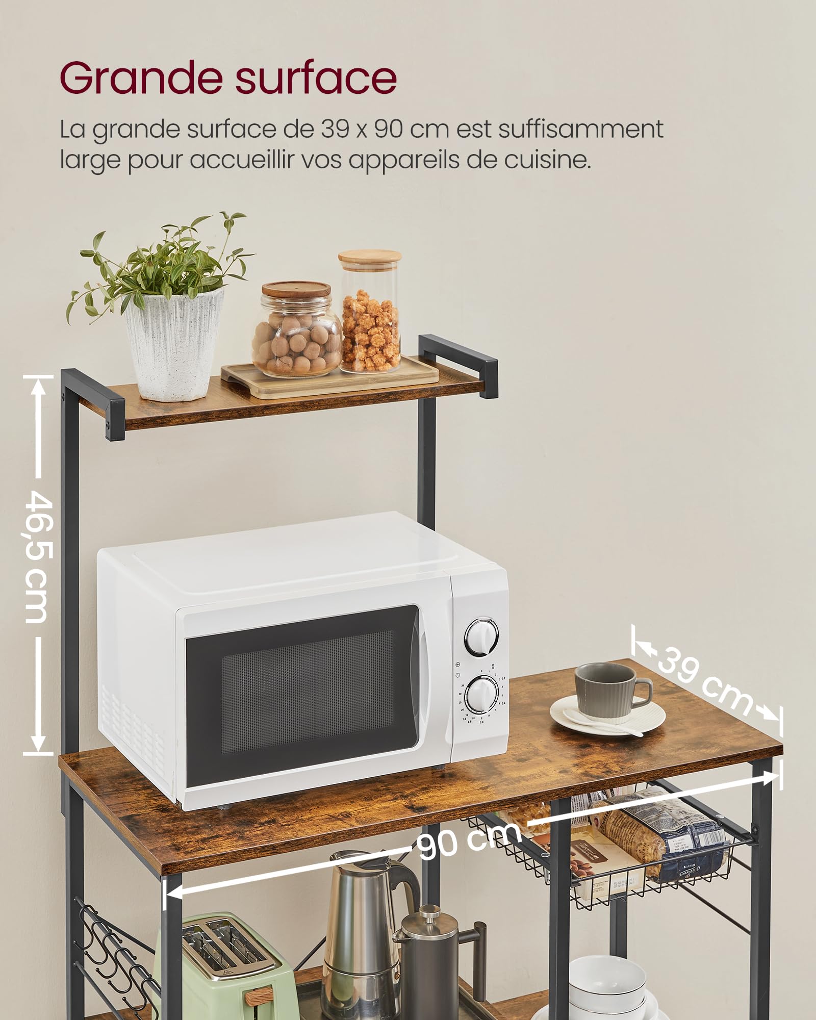 Vasagle étagère de cuisine, meuble de rangement, pour four à micro-ondes, avec 2 paniers métalliques en maille, 4 niveaux, crochets offerts, 80 x 35 x 95 cm, marron rustique kks96x Vasagle étagère de cuisine, meuble de rangement, pour four à micro-ondes, avec 2 paniers métalliques en maille, 4 niveaux, crochets offerts, 80 x 35 x 95 cm, marron rustique kks96x