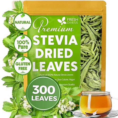 FreshDrinkUS, Más de 300 hojas de stevia naturales, hojas secas enteras, hojas secas de estevia 100% puras, té de hojas de stevia, edulcorante cero