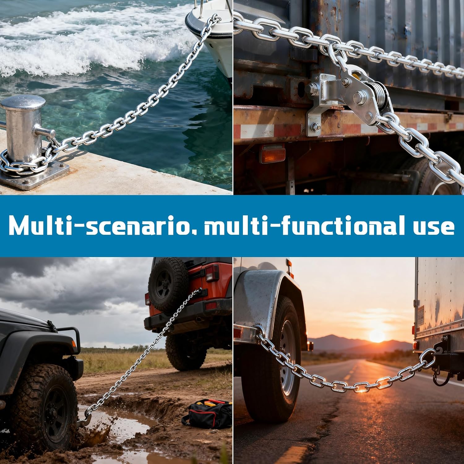 72 Inch 7000 Lbs Capacity Trailer Safety Chain with M8 Connecting Rings, Heavy Duty Utility Chain Rustproof Zinc-Plated, Towing Accessories for Trucks Car Vehicle Trailers Boats