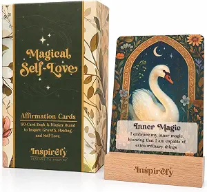 Magical Self-Love Affirmation Cards - 50 Positive Daily Affirmations with Illustrated Creatures and Wooden Stand