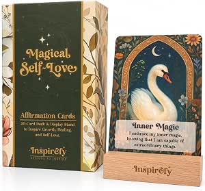 Magical Self-Love Affirmation Cards - 50 Positive Daily Affirmations with Illustrated Creatures and Wooden Stand