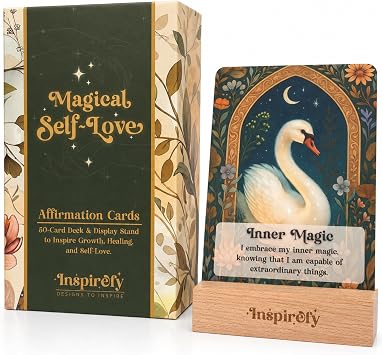 Magical Self-Love Affirmation Cards, 50 Positive Daily Affirmations for Confidence & Mindfulness, Illustrated Self-Care Meditation Deck with Wooden Stand, Thoughtful Inspirational Gift for Women
