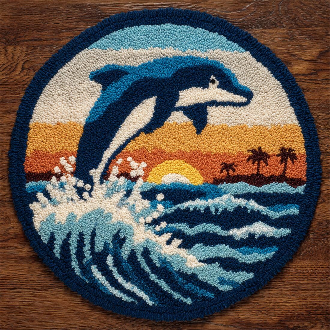 Rqwybcaxn DIY Rug Latch Hook Kits for Adults Animal Needlework Kit Dolphins and Waves 50x50cm Round Tapestry with Crochet Hook Living Room Craft Gift