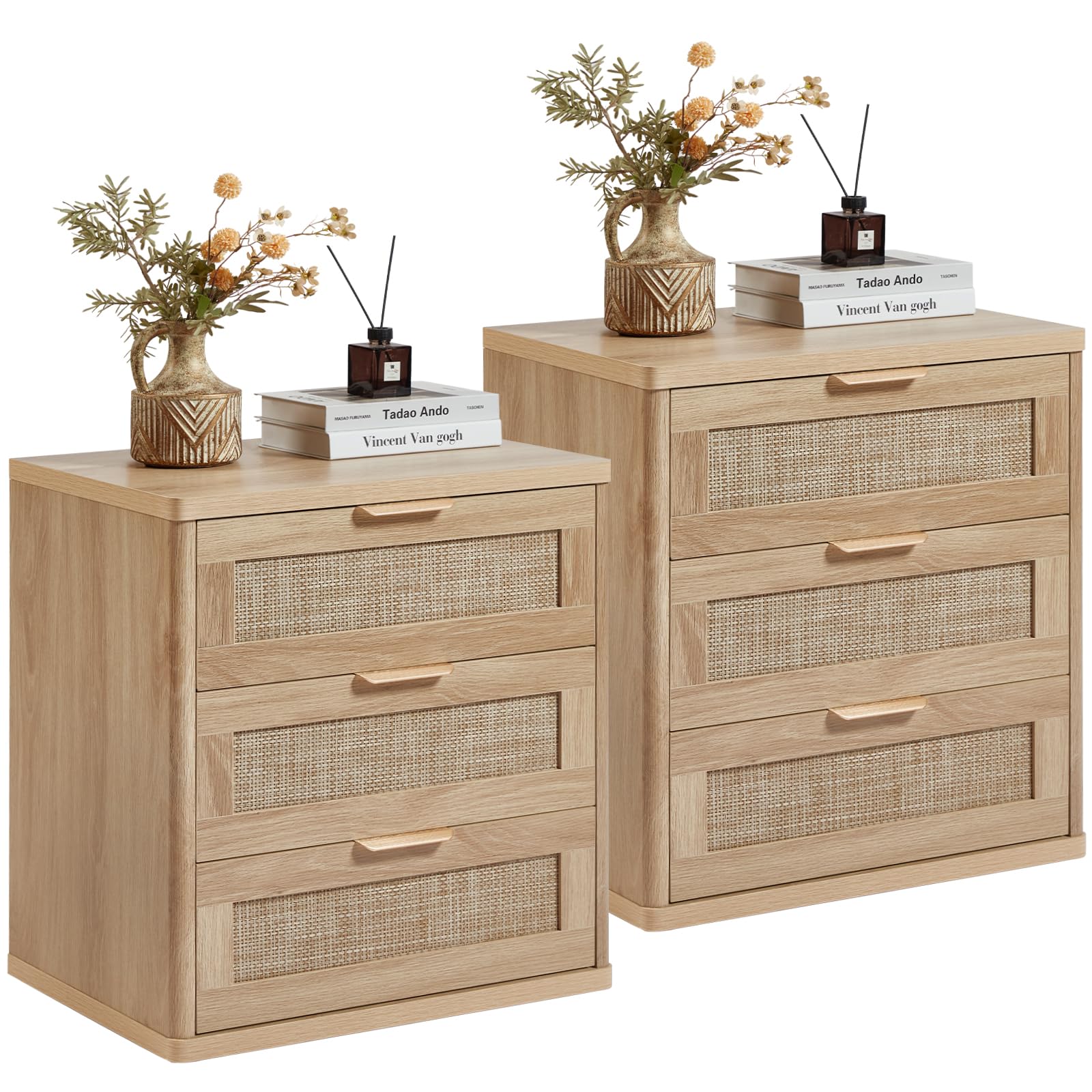 LEYAOYAO Rattan 23" Nightstands Set of 2 with Drawers for Bedroom | Gold Metal Handle, Storage Shelf, Oak Night Stand, Boho Bedside Table, Bed Side