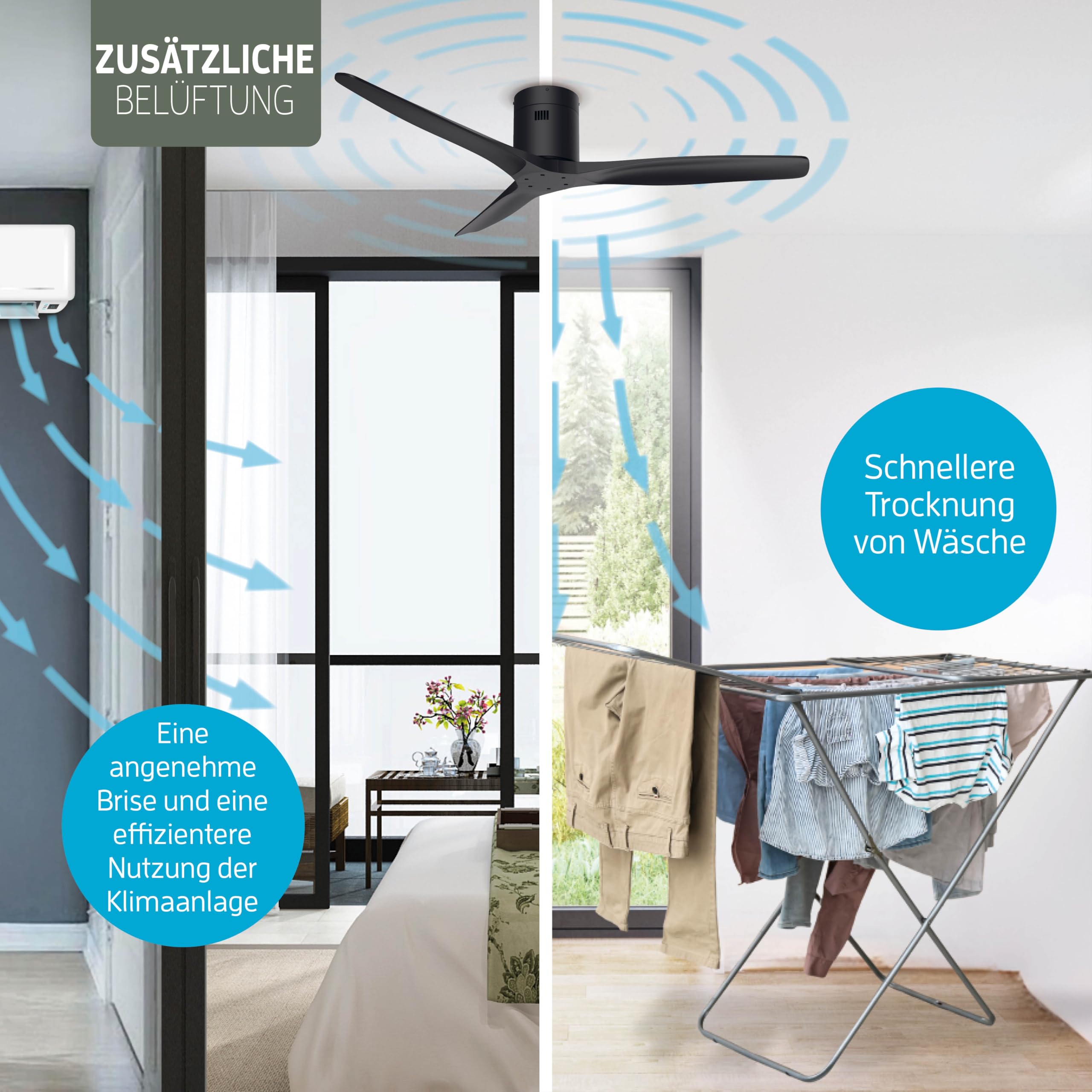 Varin® Smart Deckenventilator, Tuya WLAN, Lange Flügel, 6 Geschwindigkeiten, Ventilator Leise 20 dB, Deckenventilator mit Fernbedienung und App, Ø 132 cm, Schwarz