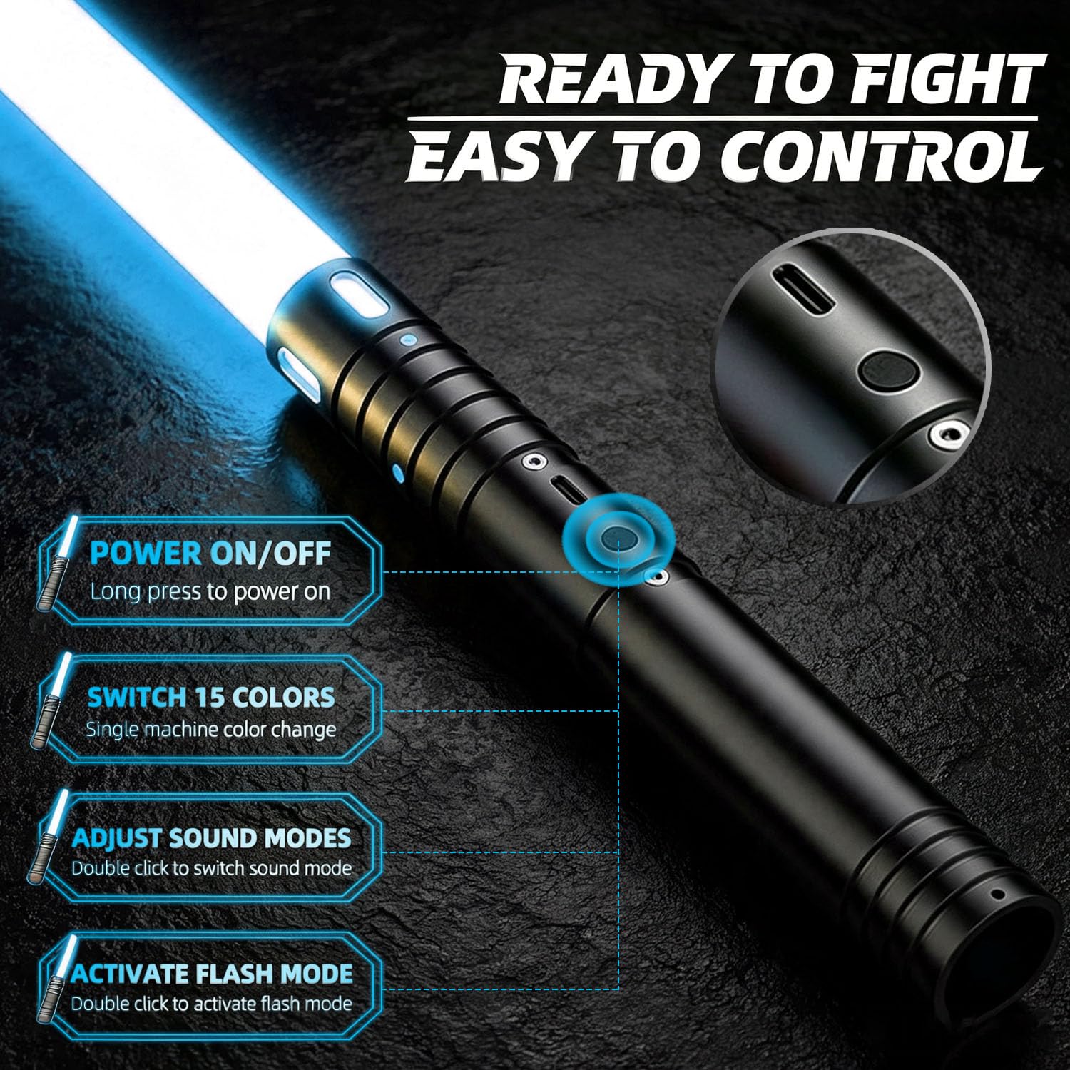 Laserschwert Kinder, 2-in-1 Lichtschwert mit 15 Farben, Duell Lightsaber mit 4 Modi und Sounds, USB-C Aufladbar Lichtschwerter, FX Laserschwert für Kinder Party, Geschenk, Cosplay (schwarz 2pc)