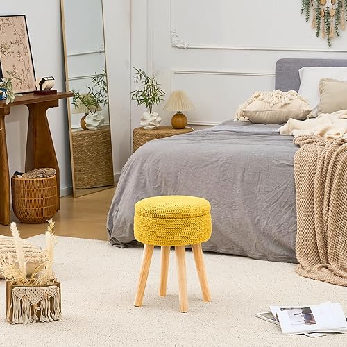 Miniatura 6 de Wimarsbon Puf otomano, reposapiés bohemio de punto 100% algodón, reposapiés redondo con patas de madera antideslizantes, decoración del hogar, puf