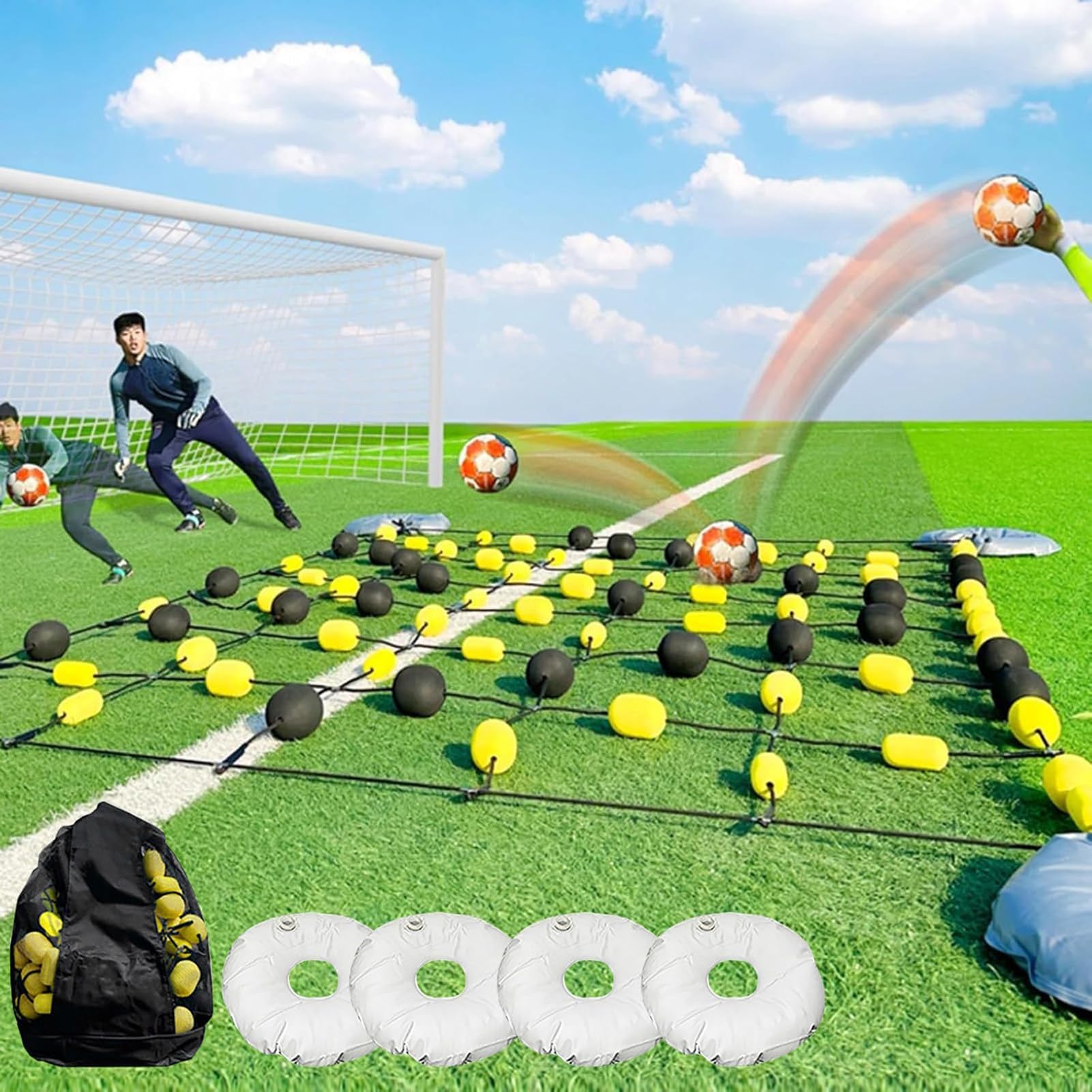 Floor Matrix Goalkeeper Ball Deflector, 2.8x2m / 2x1.6m Football Rebound Trainer with 4 Water Bags & U-Pegs, Unpredictable Bounce Training Kit for Goalkeeping Drills 2 * 1.6m