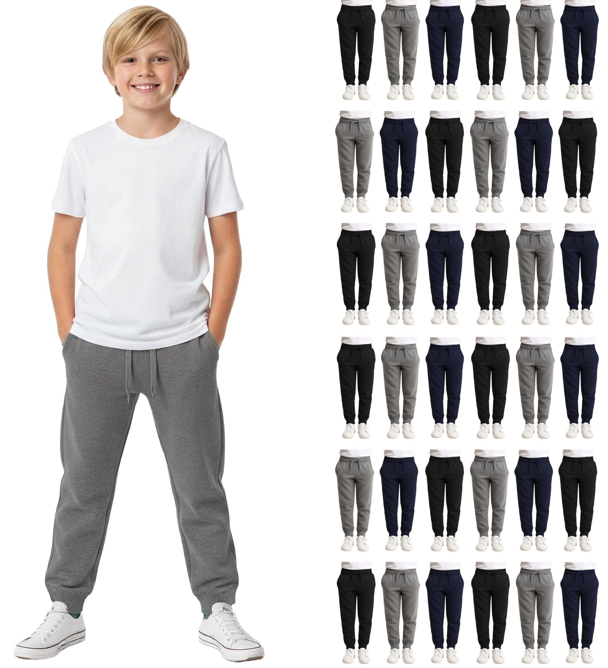 Yacht & Smith 36 Pack of Wholesale Childrens Unisex Jogger Bulk Sweatpants, Black Navy Gray, Comfy Lounge Joggers for Kids