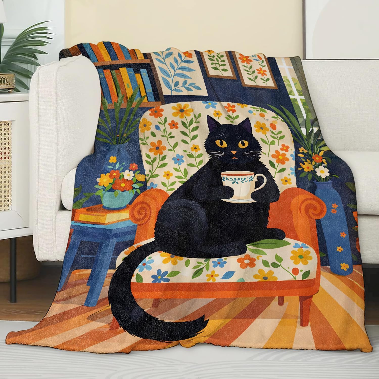 Playful Black Cat Flannel Blanket, Soft Cozy Throw with Floral Kitten, Lightweight Blankets for All Seasons, Flower Botanical Home Sofa Bed Decor and Gifts for Kids Girls Boys, 50x60 Inch