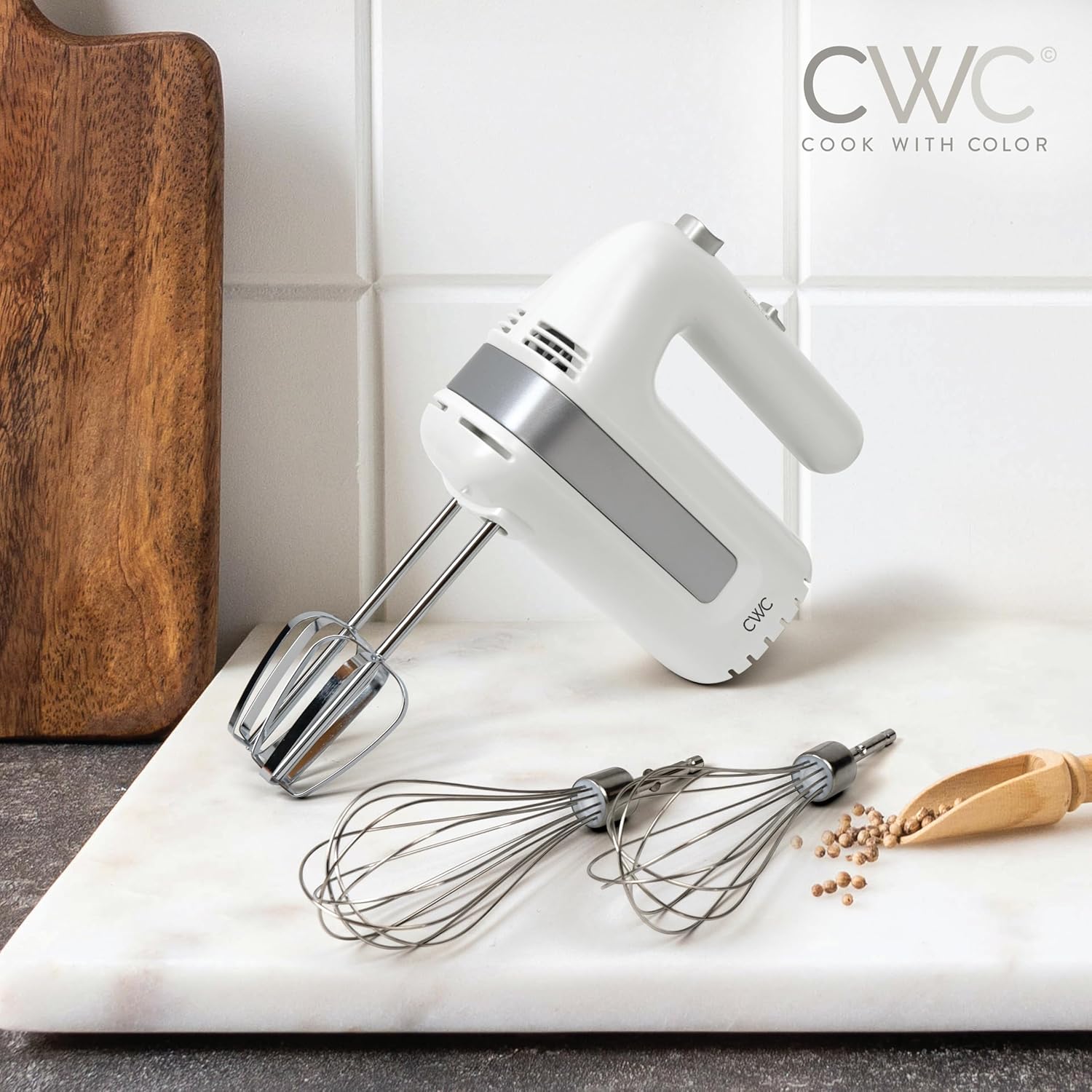 COOK WITH COLOR Handheld Mixers: Whip up Deliciousness! Beaters & Whisk Attachments. Lightweight & Labeled, 150w 5 Speed, Creme
