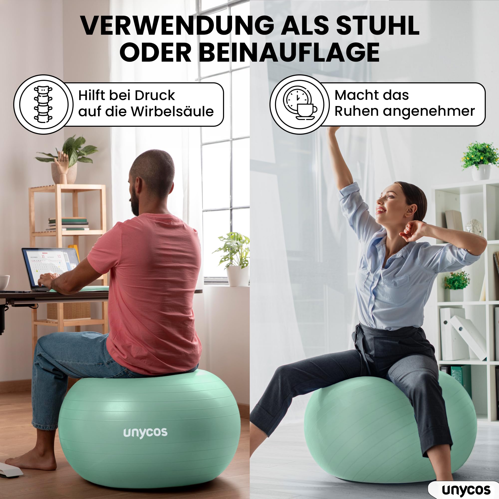 unycos - Gymnastikball 55/65/75 cm Sitzball Trainingsball für Yoga, Fitness, Medizinball, Balance Ball, Core Training Strength, Pilates-Ball | Inkl. Pumpe, BPA-Frei, Anti-Burst