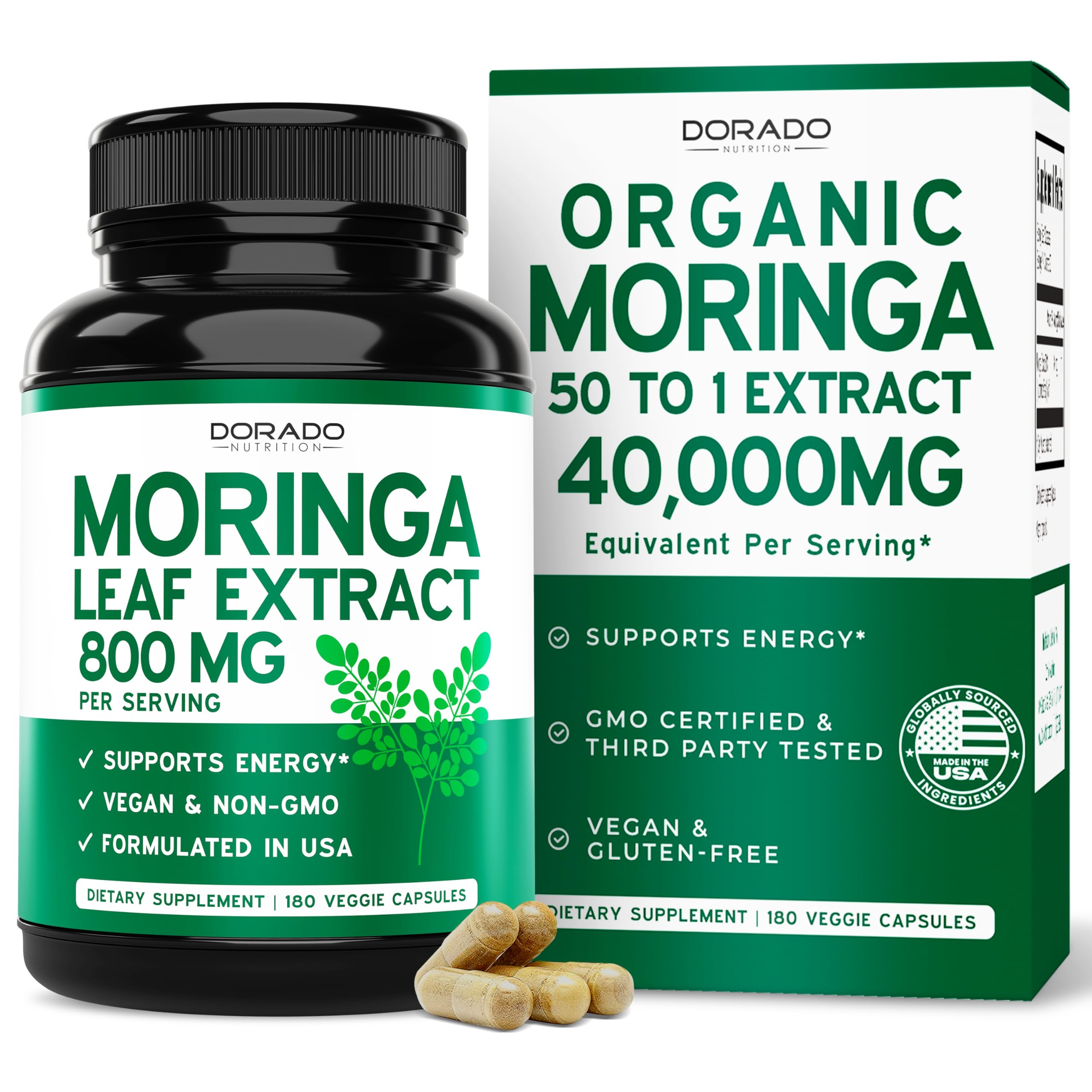 Organic Moringa Capsules 40,000mg (3 Month Supply) Pure Organic Moringa Leaf Powder Supplement - Energy, Skin, Gut Health Support - Vegan Safe, Third Party Tested & Non GMO - USA Made - (180 Capsules)
