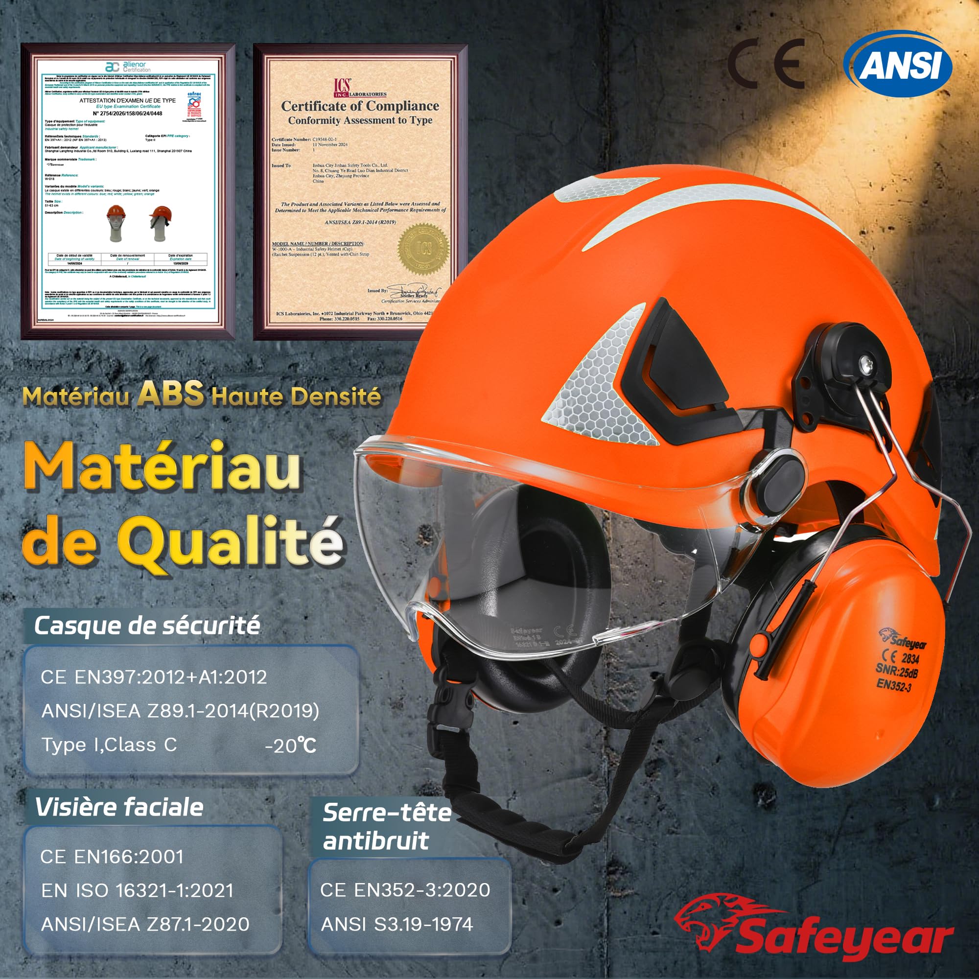 Safeyear Casque de Sécurité EN397 avec Visière et Cache-Oreilles, Casque Protection ABS avec Lunette UV, Casque de Chantier Réglable 53–64cm pour Industrie, logistique de Stockage, Forestier