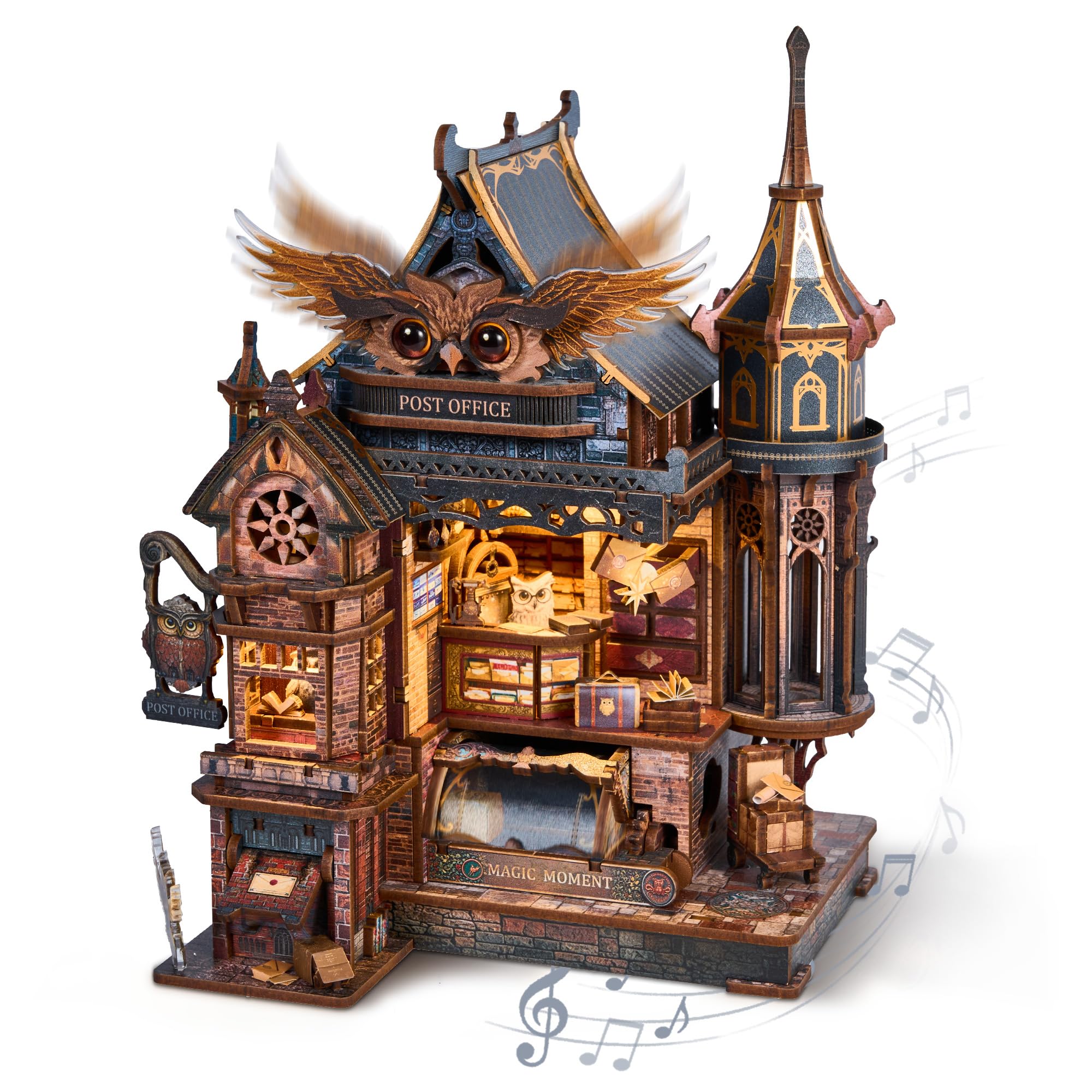 FUNPOLA LED 3D Holzpuzzle Eulen-Postamt – Dynamisches Modell mit mechanischen Zahnrädern, DIY Miniatur-Bausatz mit Musik und LED-Lichtern, Wohnkultur-Geschenk für Erwachsene und Jugendliche