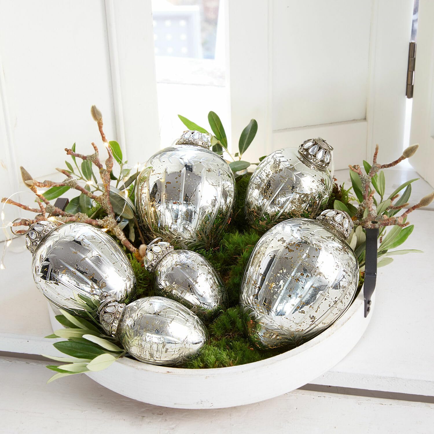 Loberon Osterei 6er Set Lacul, antiksilber | mit Strasssteinen verzierte Kappe, Deko-Eier aus Bauernsilber, Ostern, Osterschmuck, Osterdeko, Glas, Eisen