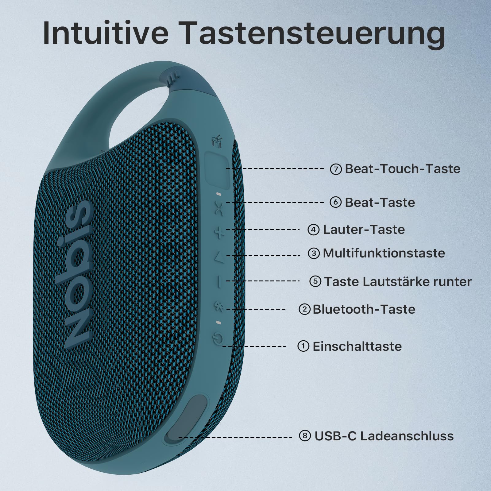 NOBIS Clip N1 Tragbarer Bluetooth Lautsprecher mit App, Beat-Modus, bis zu 24 Stunden Spielzeit, IP68 wasserdicht, BT 5.3, HD-Sound, Stereo-Paarung, Custom EQ, perfekt für Outdoor (Blau)