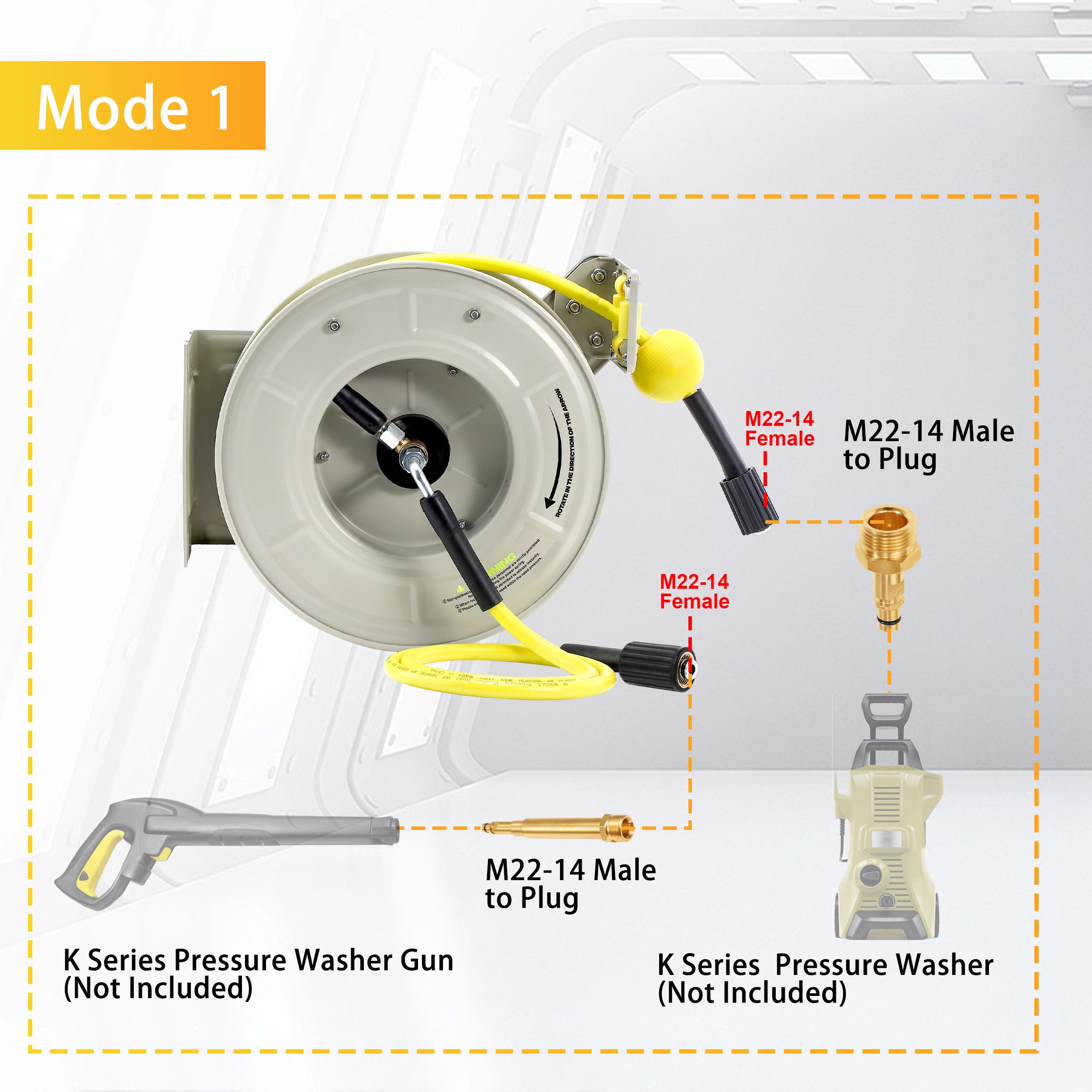 M MINGLE Wandmontierte aufrollbare Hochdruckreiniger-Schlauchtrommel, kompatibel mit Karcher K-Serie (K2-K7), 1/4" × 18 m, 248 bar(3600 PSI)