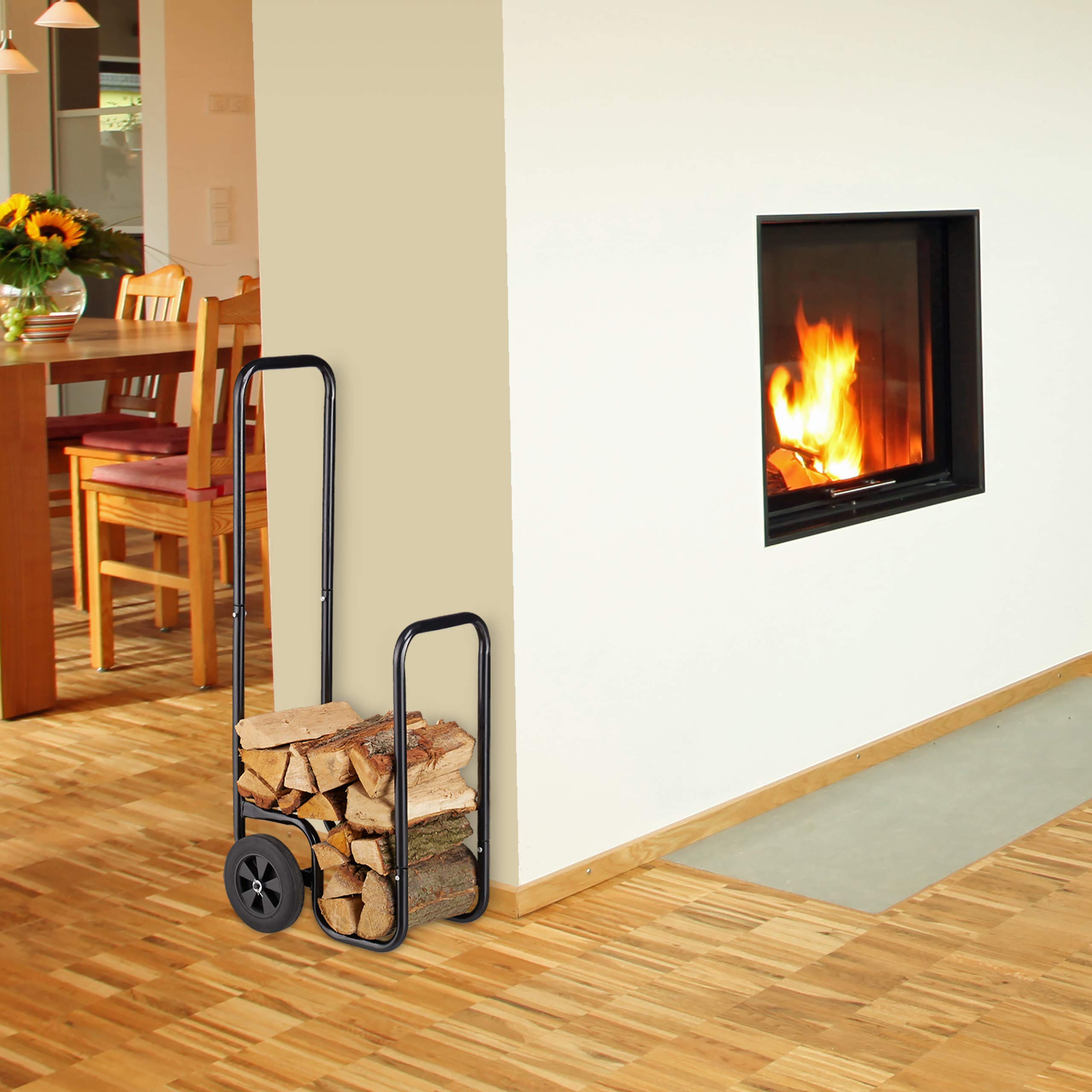 Relaxdays Carrello per Legna in Acciaio con 2 Ruote, Capacità di Carico 60 kg, Nero