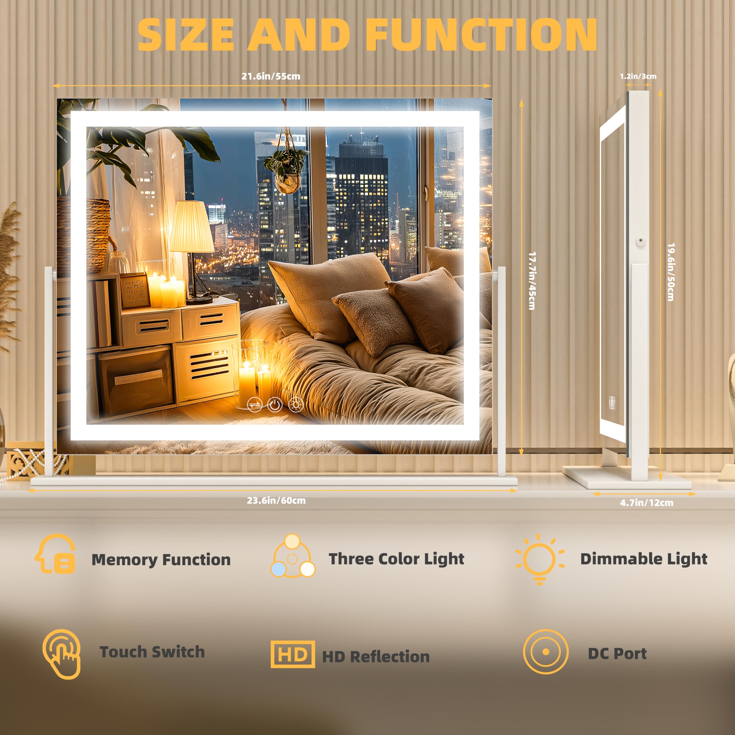 Kosmetikspiegel mit Lichtern, 55 x 45 cm LED Schminkspiegel mit 10x Vergrößerung und 3 Farbtemperaturen, Touch Control Tischspiegel, 360° Drehung, Make-up Spiegel Weiß
