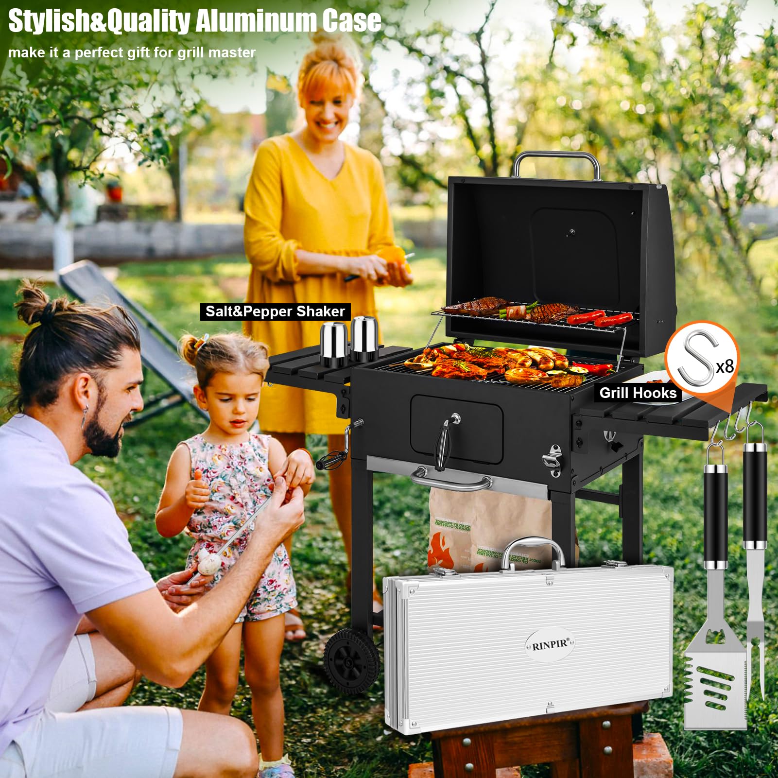 RINPIR 35 szt. Deluxe zestaw prezentów do grillowania na urodziny, Boże Narodzenie, zestaw akcesoriów do grilla ze stali nierdzewnej dla mężczyzn, taty, profesjonalne narzędzia do grillowania z