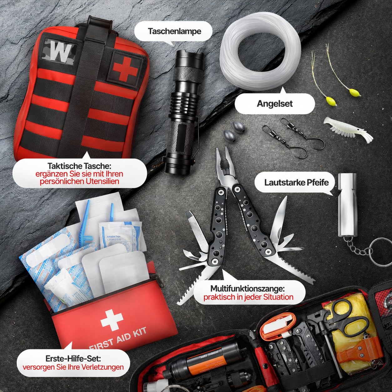 WONCROW ® Survival Kit + Erste Hilfe Set - mit Wasserfilter Strohhalm und Outdoor Ausrüstung - Zubehör Camping Wandern Fahhrad Militär Rucksäcke Verbandskasten Auto Gadget Männer Kinder Armband Tasche