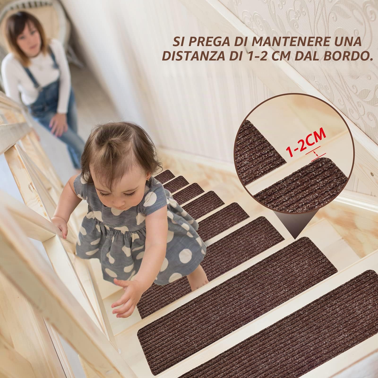 MBIGM 15 Tappetini per Scale (20 x 76 cm) Tappetino Antiscivolo di Sicurezza Runner Interno Antiscivolo per Bambini, Anziani e Animali Domestici con Adesivo Riutilizzabile, Marrone