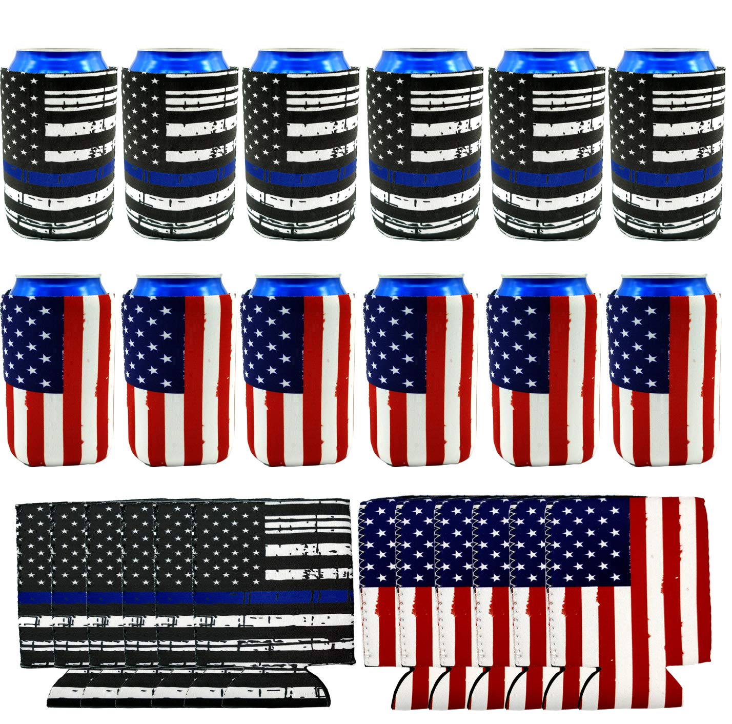 Onene 12 pieces American Flag Can Cooler Sleeves, Neoprene Beer Coolies for Cans and Bottles, Collapsible Drink Cooler Sleeves, Perfect Party Supplies for Insulating,BBQ,4th Of July,Gifts,Events