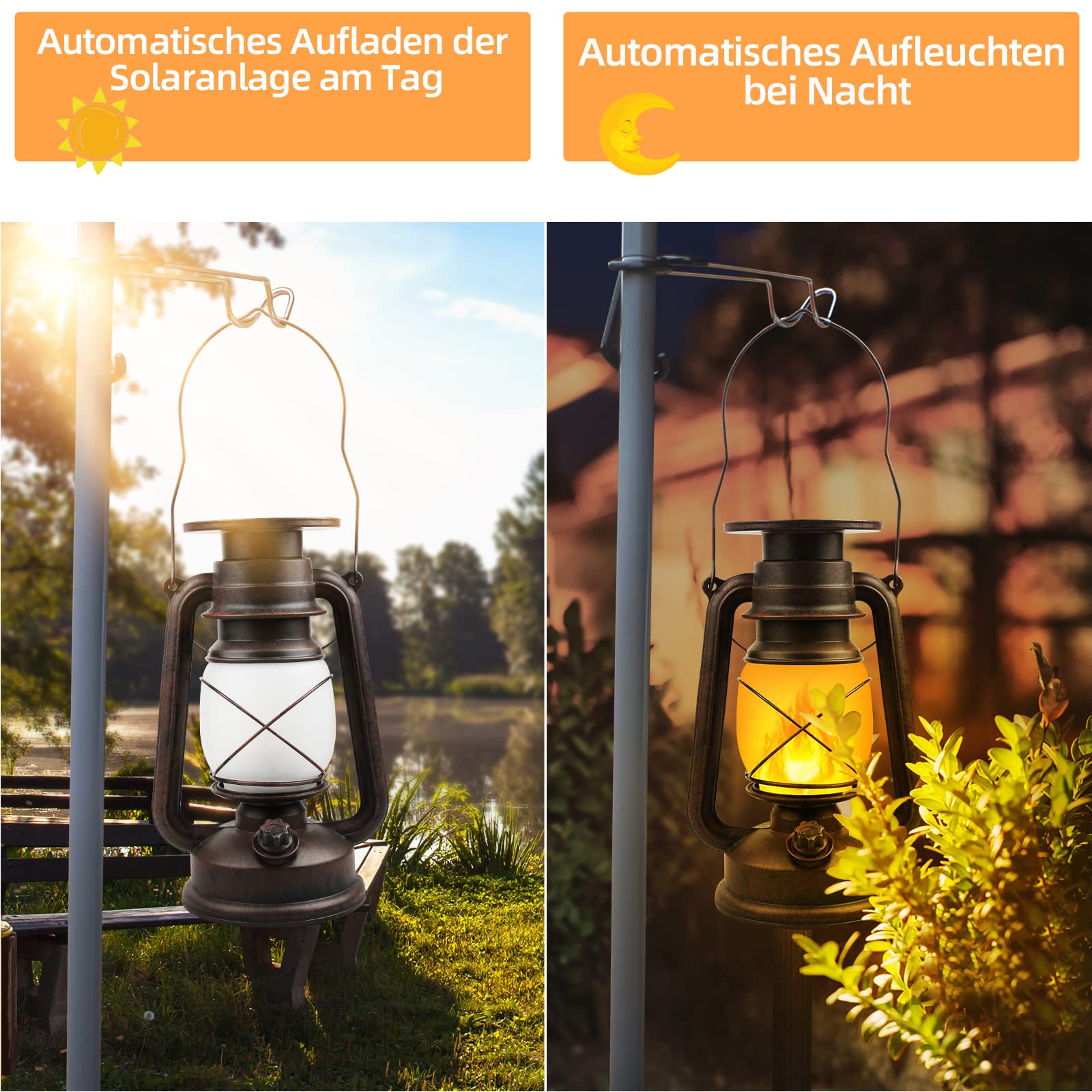 Shinmax Solarlaterne Outdoor Hängend, Solar Laterne Garten IP44 Wasserdicht mit Flammeneffekt, Retro LED Sturmleuchte mit Auto Ein/Aus, 1200mAh Solarleuchte für Terrasse Balkon Camping Deko