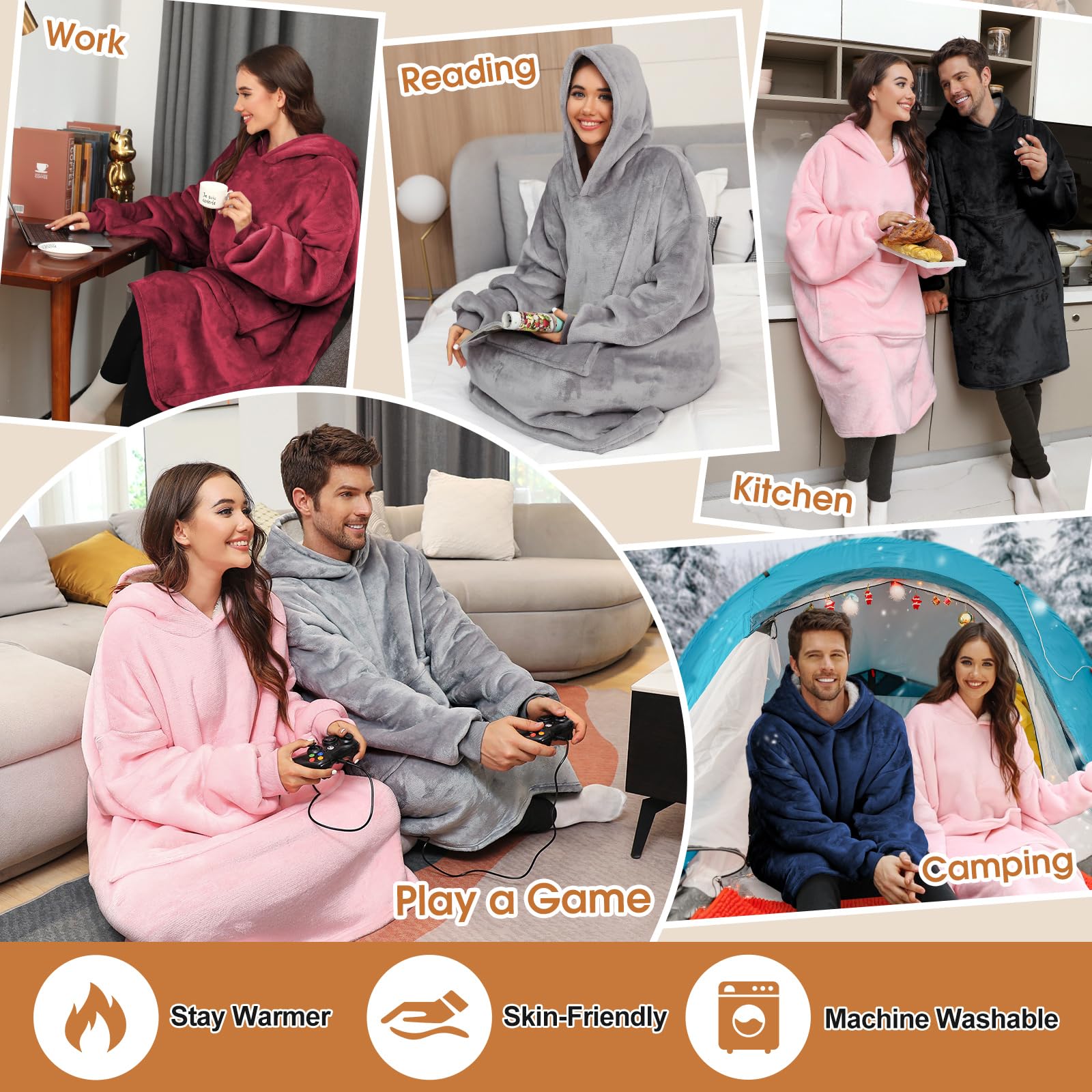 CMTOP Manta de Sudadera con Capucha de Gran Tamaño Sherpa Manta de TV con Capucha y Bolsillo Grande Cálida Suave Hoodie Sudadera Talla única para Hombres Mujeres Adultos Adolescentes
