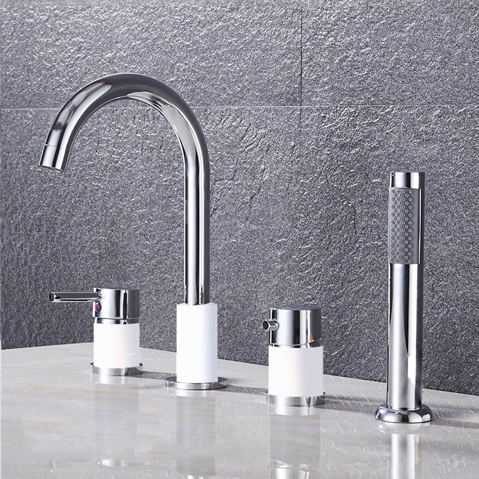 4 Hole Bath Mixer Tap Set with Shower Deck Mount Tub Faucet Stylish White & Chrome Bathroom Mixer Easy Install Modern Design for Luxury Bath Experience