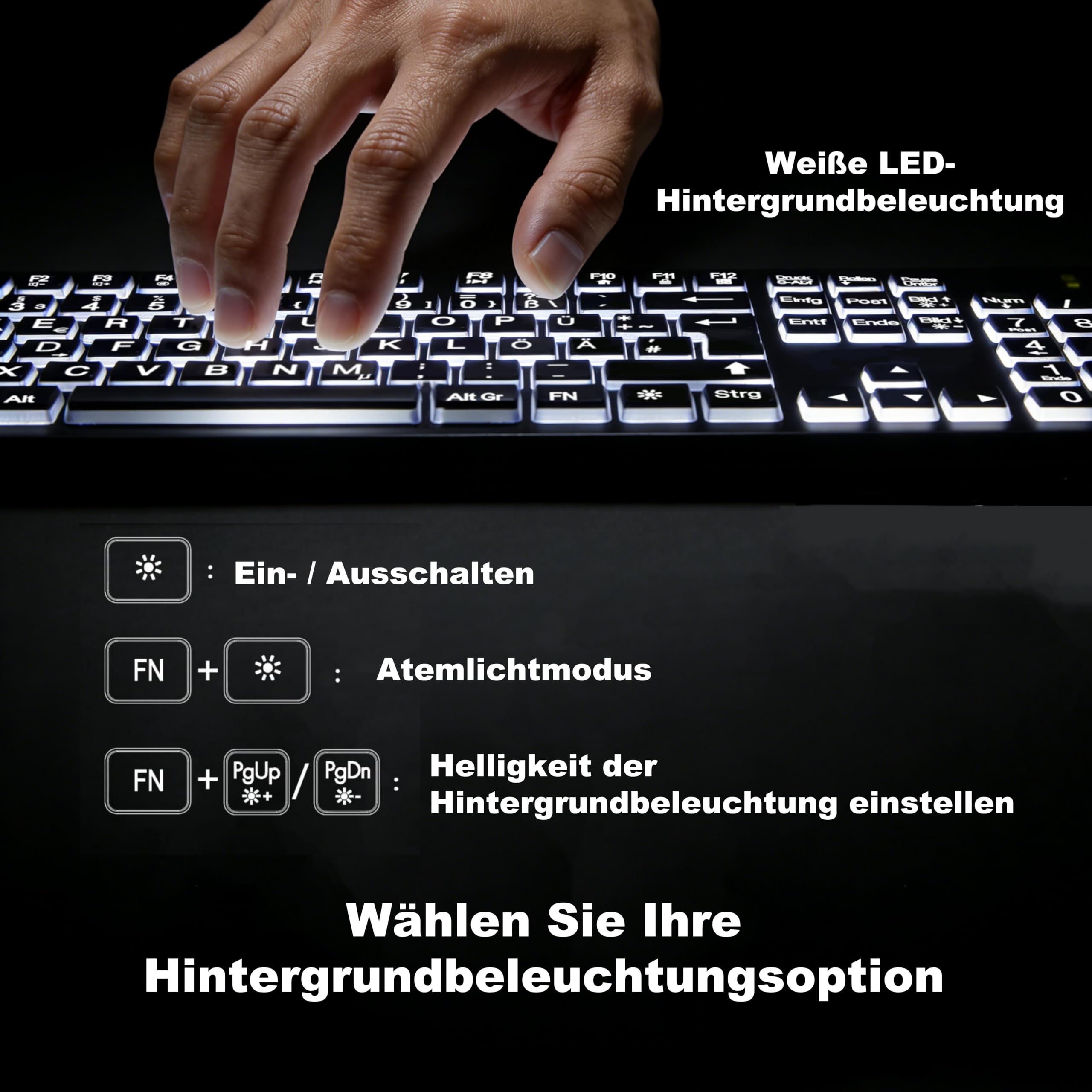 Großschrift Kabellose Computertastatur & Maus Set – DE Vollformat-Tastatur mit weißer Hintergrundbeleuchtung, 2,4-GHz, wiederaufladbar Tastatur & Maus für Büro, Homeoffice & Windows PC (QWERTZ)