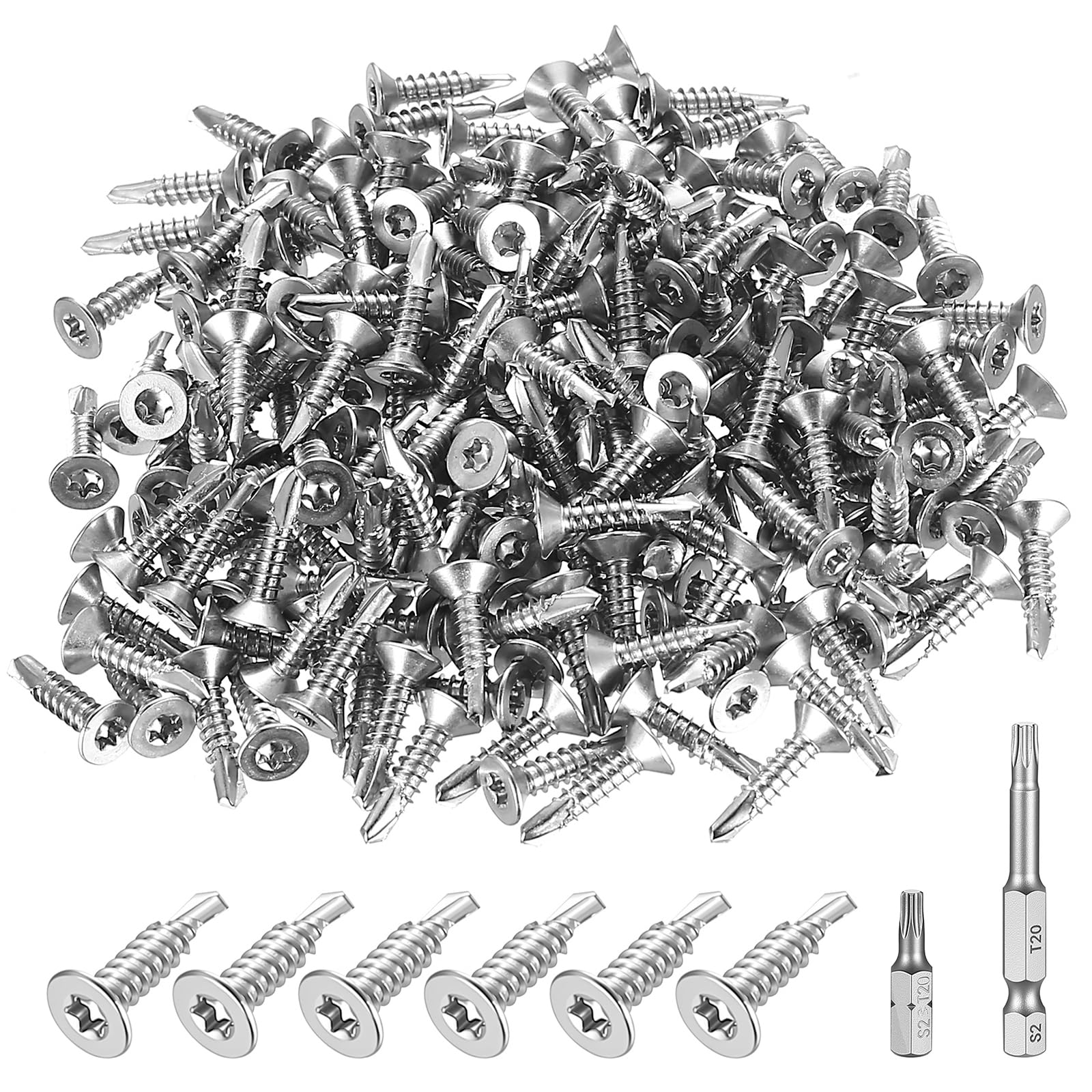 200 Pcs Self Tapping Screws Metal, M4.2 x 19mm Stainless Steel Flat Head Self Drilling Screws, Torx Screw Set for Sheet Metal Steel Wood Plastic, with 2 Bits (200Pcs-M4.2 x 19mm)