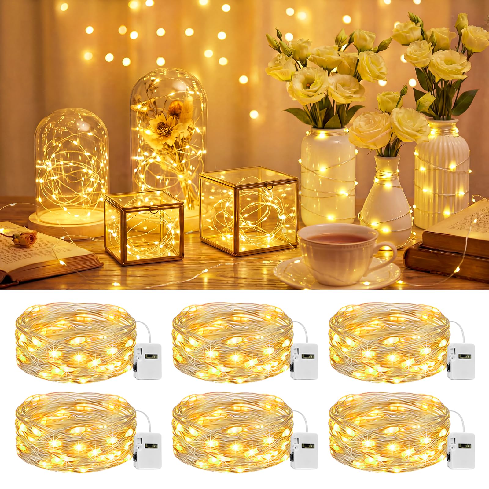6 Pack LED Fairy Lights Battery Operated 3 Modes, 7ft 20 Led Twinkle String Lights Waterproof, Mini Silver Wire Firefly Starry Moon Lights for DIY Christmas Mason jars Wedding Table Centerpiece